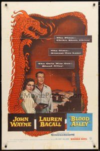 1w134 BLOOD ALLEY 1sh '55 John Wayne, Lauren Bacall, cool dragon border art!