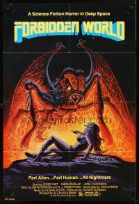 1w351 FORBIDDEN WORLD 1sh '82 Roger Corman, cool sci-fi art of giant monster attacking sexy girl!