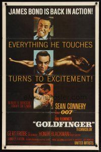 1w001 GOLDFINGER flat finish 1sh '64 3 images of Sean Connery as James Bond + golden Shirley Eaton!