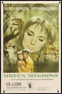 1w399 GREEN MANSIONS 1sh '59 cool art of Audrey Hepburn & Anthony Perkins by Joseph Smith!