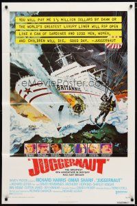 1w489 JUGGERNAUT 1sh '74 Richard Harris, art of ocean liner under attack by Bob McCall!