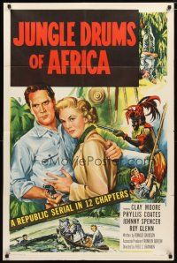 1w491 JUNGLE DRUMS OF AFRICA 1sh '52 Clayton Moore with gun & Phyllis Coates, Republic serial!