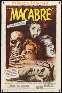 1w535 MACABRE 1sh '58 William Castle, cool art of skeleton & screaming babes in graveyard!