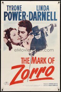 1w559 MARK OF ZORRO 1sh R58 masked hero Tyrone Power in costume & with young Linda Darnell!