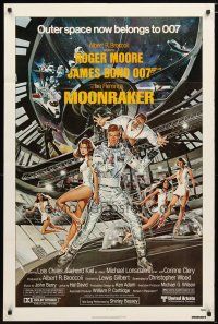 1w577 MOONRAKER 1sh '79 art of Roger Moore as James Bond & sexy Lois Chiles by Goozee!
