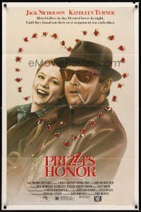 1w656 PRIZZI'S HONOR 1sh '85 cool art of smoking Jack Nicholson & Kathleen Turner w/bullet holes!