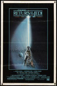 1w670 RETURN OF THE JEDI 1sh '83 George Lucas classic, great artwork of hands holding lightsaber!