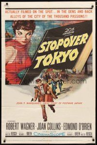 1w780 STOPOVER TOKYO 1sh '57 artwork of sexy Joan Collins & spy Robert Wagner in Japan!