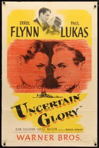 1w914 UNCERTAIN GLORY 1sh '44 art of French Errol Flynn face-to-face with Nazi Paul Lukas!