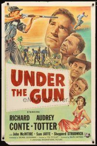 1w916 UNDER THE GUN 1sh '51 convict Richard Conte on the run, sexy Audrey Totter!