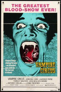 1w928 VAMPIRE CIRCUS 1sh '72 human fangs ripping throats, no sawdust can soak up all the blood!