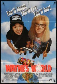 1w952 WAYNE'S WORLD 1sh '91 Mike Myers, Dana Carvey, one world, one party, excellent!