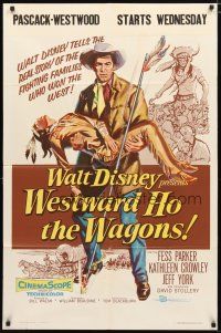 1w955 WESTWARD HO THE WAGONS 1sh '57 artwork of cowboy Fess Parker holding Native American!