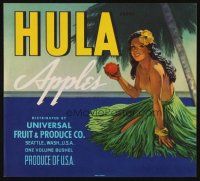 1y142 HULA BRAND APPLES produce crate label '40s art of sexy topless Hawaiian girl in grass skirt!