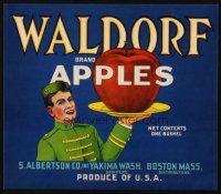 1y144 WALDORF BRAND APPLES produce crate label '40s art of porter w/giant apple on golden platter!
