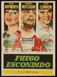 1y208 FIRE DOWN BELOW Spanish herald '57 Jano art of Rita Hayworth, Robert Mitchum & Jack Lemmon!