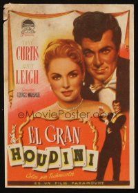 1y214 HOUDINI Spanish herald '53 Albericio art of Tony Curtis as the famous magician + Janet Leigh