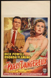 1z551 CRY DANGER Belgian '51 great film noir art of Dick Powell loading gun + sexy Rhonda Fleming!