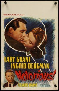 1z666 NOTORIOUS Belgian R50s art of Cary Grant & Ingrid Bergman in big key, Hitchcock classic!