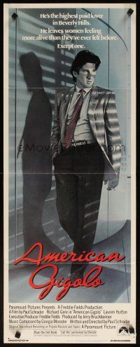 2a054 AMERICAN GIGOLO int'l insert '80 handsome male prostitute Richard Gere is framed for murder!