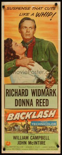 2a075 BACKLASH insert '56 Richard Widmark holds Donna Reed, suspense that cuts like a whip!