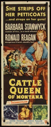 2a140 CATTLE QUEEN OF MONTANA insert '54 Barbara Stanwyck straps on her guns, Ronald Reagan!