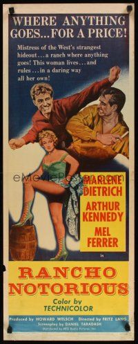 2a531 RANCHO NOTORIOUS insert '52 Fritz Lang directed, art of sexy Marlene Dietrich showing leg!