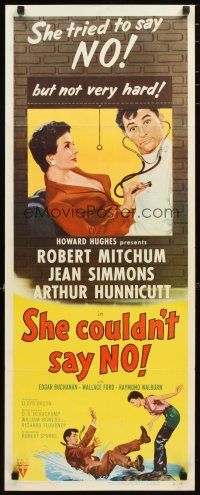 2a605 SHE COULDN'T SAY NO insert '54 sexy short-haired Jean Simmons examines Dr. Robert Mitchum!