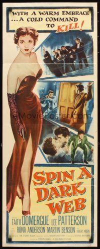 2a641 SPIN A DARK WEB insert '56 film noir art of sexy full length Faith Domergue with gun!