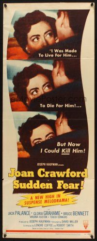 2a679 SUDDEN FEAR insert '52 great close up of terrified Joan Crawford, Jack Palance!