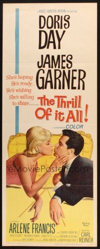 2a723 THRILL OF IT ALL insert '63 wonderful artwork of Doris Day kissing James Garner!