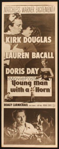 2a828 YOUNG MAN WITH A HORN insert R57 jazz man Kirk Douglas w/sexy Lauren Bacall + Doris Day!