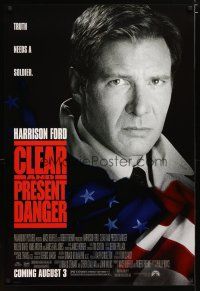 2b182 CLEAR & PRESENT DANGER advance 1sh '94 great portrait of Harrison Ford and American flag!