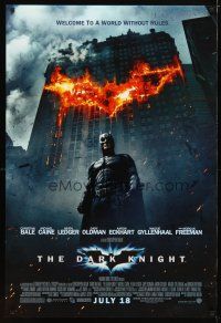 2b216 DARK KNIGHT advance DS 1sh '08 Christian Bale as Batman in front of flaming building!