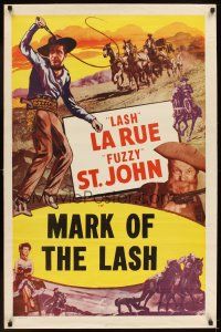 2b492 LASH LA RUE stock 1sh '50s wonderful art of Lash La Rue w/whip & Fuzzy St. John!