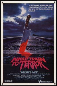 2b575 NIGHT TRAIN TO TERROR 1sh '84 cool McKee horror art of bloody knife stuck in train tracks!