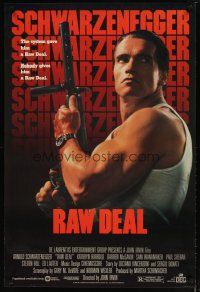 2b636 RAW DEAL 1sh '86 great image of tough guy Arnold Schwarzenegger with gun!