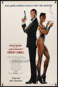 2b807 VIEW TO A KILL advance 1sh '85 art of Moore as Bond 007 & smoking Grace Jones by Goozee!