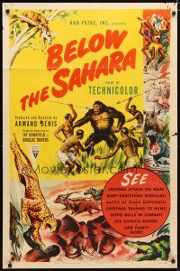 2c076 BELOW THE SAHARA 1sh '53 great giant ape image vs. tribesmen artwork!
