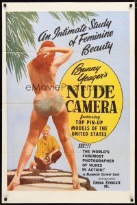 2c121 BUNNY YEAGER'S NUDE CAMERA 1sh '64 Barry Mahon, image of Yeager photographing topless girl!