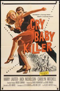 2c195 CRY BABY KILLER 1sh '58 first Jack Nicholson, really cool art of criminal w/girl and gun!