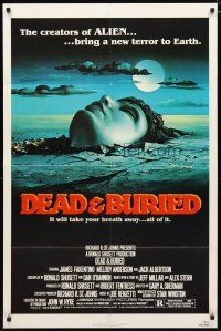 2c216 DEAD & BURIED 1sh '81 really cool horror art of person buried up to the neck by Campanile!