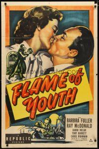 2c301 FLAME OF YOUTH 1sh '49 Barbra Fuller, Ray McDonald, delinquent youths necking!