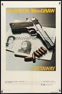 2c339 GETAWAY 1sh '72 Steve McQueen, Ali McGraw, Sam Peckinpah, cool gun & passports image!