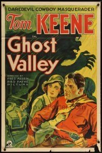 2c342 GHOST VALLEY 1sh '33 cool art of monster silhouette Tom Keene & terrified girl!