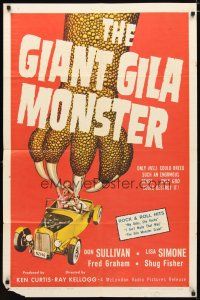 2c343 GIANT GILA MONSTER 1sh '59 classic art of giant monster hand grabbing teens in hot rod!