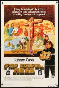 2c362 GOSPEL ROAD 1sh '73 artwork of Biblical Johnny Cash with guitar & scenes of Jesus!