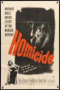 2c409 HOMICIDE 1sh '49 sexy smoking Helen Westcott is the girl who taught men facts of death!
