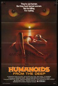 2c422 HUMANOIDS FROM THE DEEP 1sh '80 classic sexy art of eyes looming over sexy girl on beach!