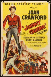 2c460 JOHNNY GUITAR 1sh '54 artwork of Joan Crawford reaching for gun, Nicholas Ray